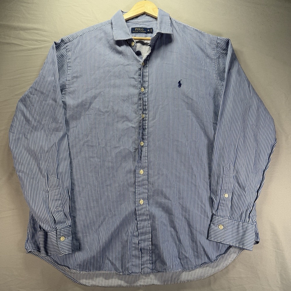 Polo Ralph Lauren Button Up Shirt Mens XL Blue White Hickory Striped Pony Travel